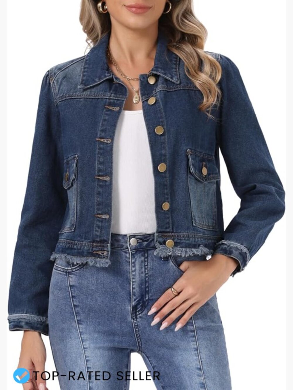 Cropped Denim Jacket Frayed Hem Long Sleeve Washed Casual Classic Women
